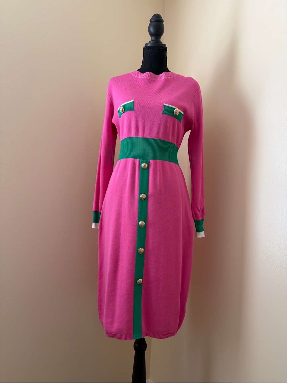 Crewneck Knit Midi Dress in Pink with Green Trim. Size medium